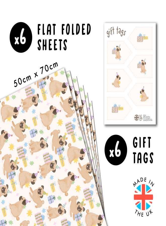 CENTRAL 23 Pug Wrapping Paper - 6 Sheets Of Gift Wrap With Tags - Pugs, Birthday Presents And Hats - Dog Wrapping Paper For Fur Mom Dad - Dog Lovers - Recyclable - Image 2